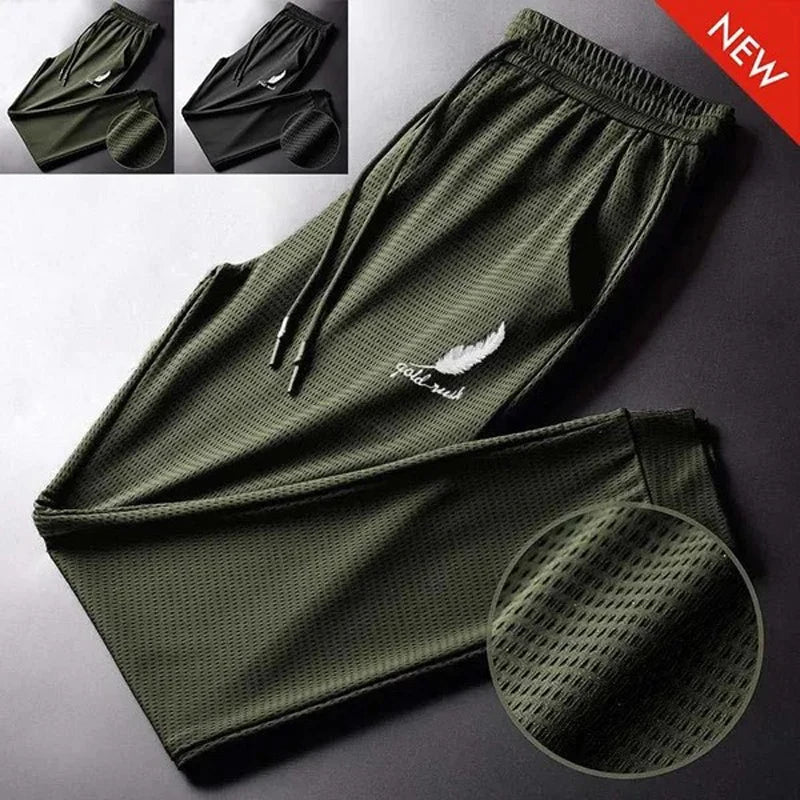 Calça de Treino Masculina de Verão em Seda Gelada - Malha Respirável, Leve, de Secagem Rápida, Solta, com Cós Elástico e Punhos Ajustáveis