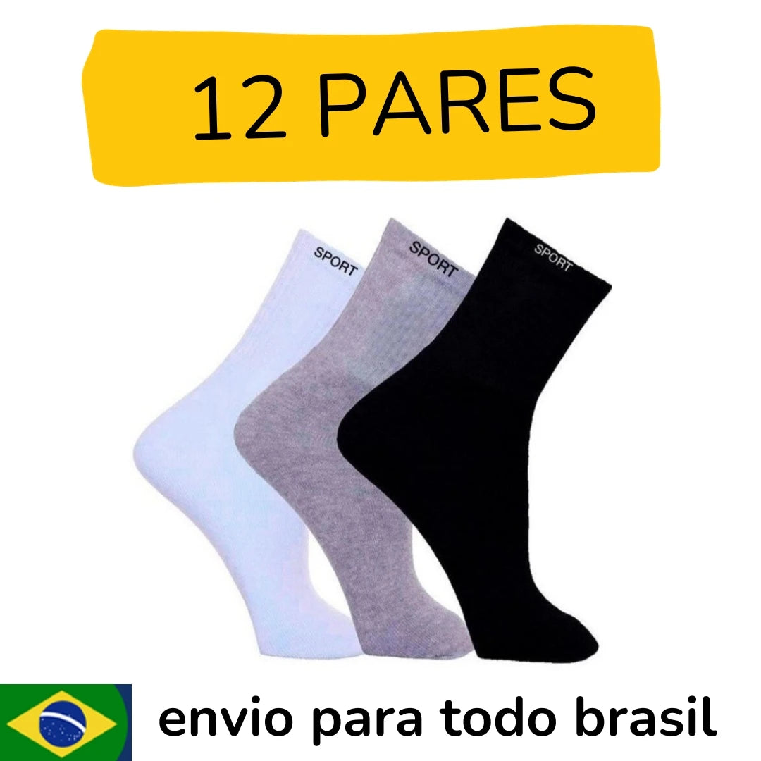 Kit com 12 Pares de Meias Esportivas Masculinas Altas