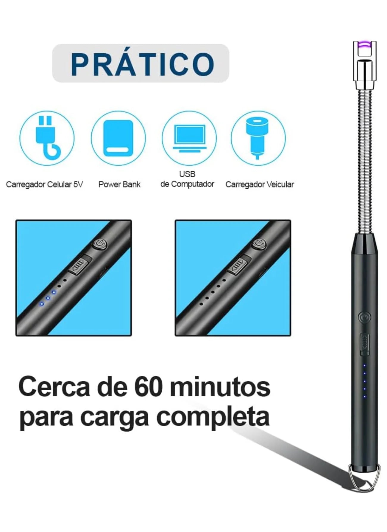 Isqueiro Eletrônico com Arco Flexível USB Recarregável