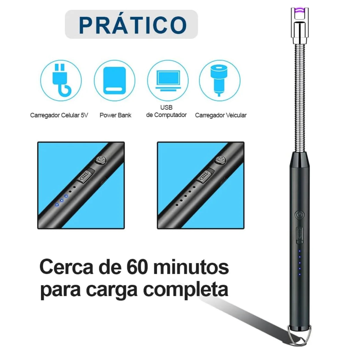 Isqueiro Eletrônico com Arco Flexível USB Recarregável