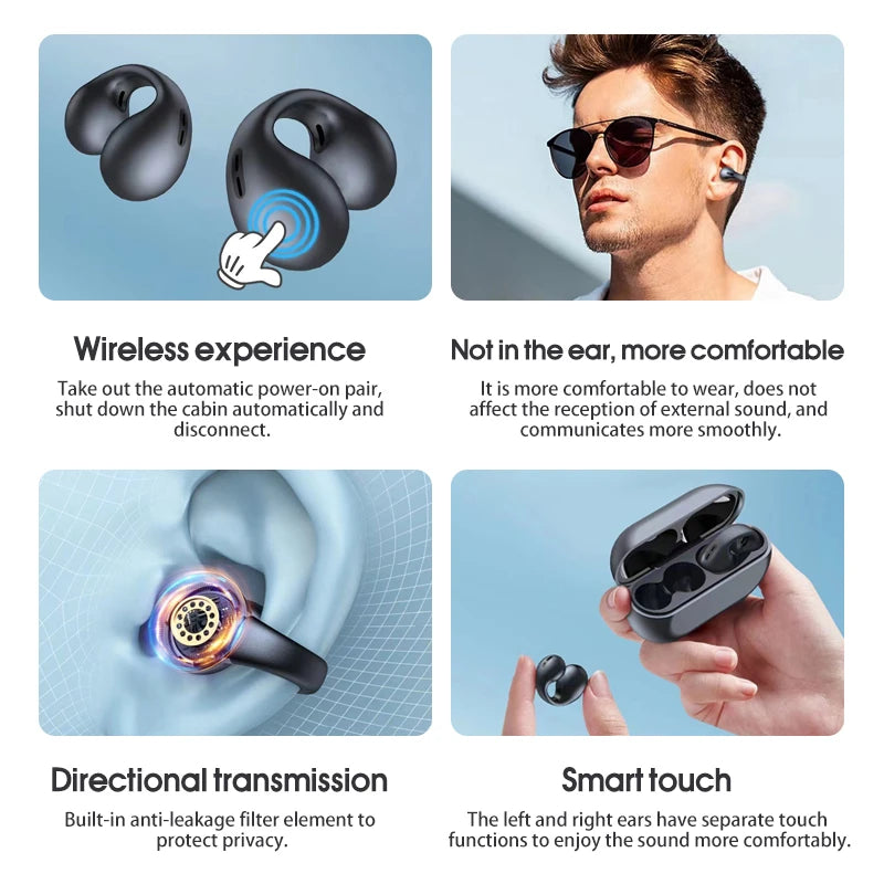 Fone de Ouvido Wireless Clip-On-Ear Bluetooth com Cancelamento de Ruído e LED TWS Earphone Sports Earbuds