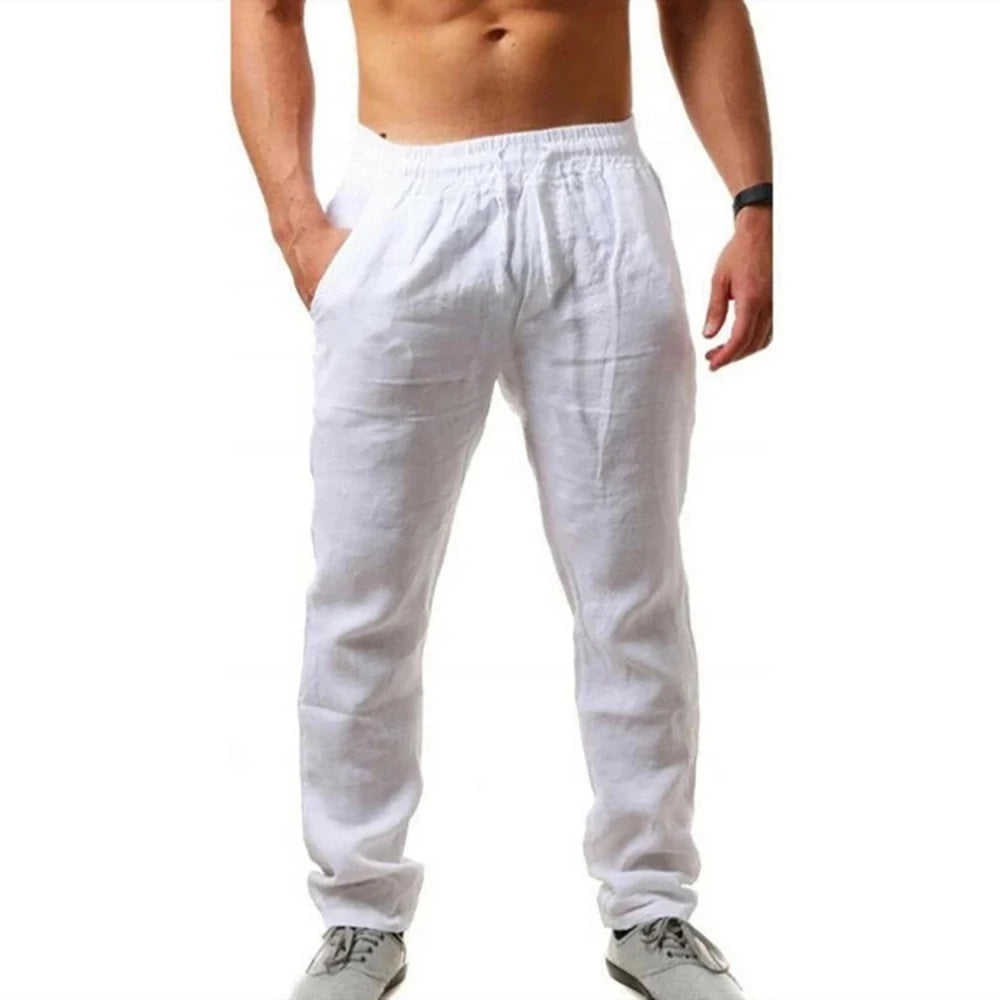 Calças Longas de Algodão e Linho para Homens - Calças Casuais de Verão, Respirável, Cintura Elástica
