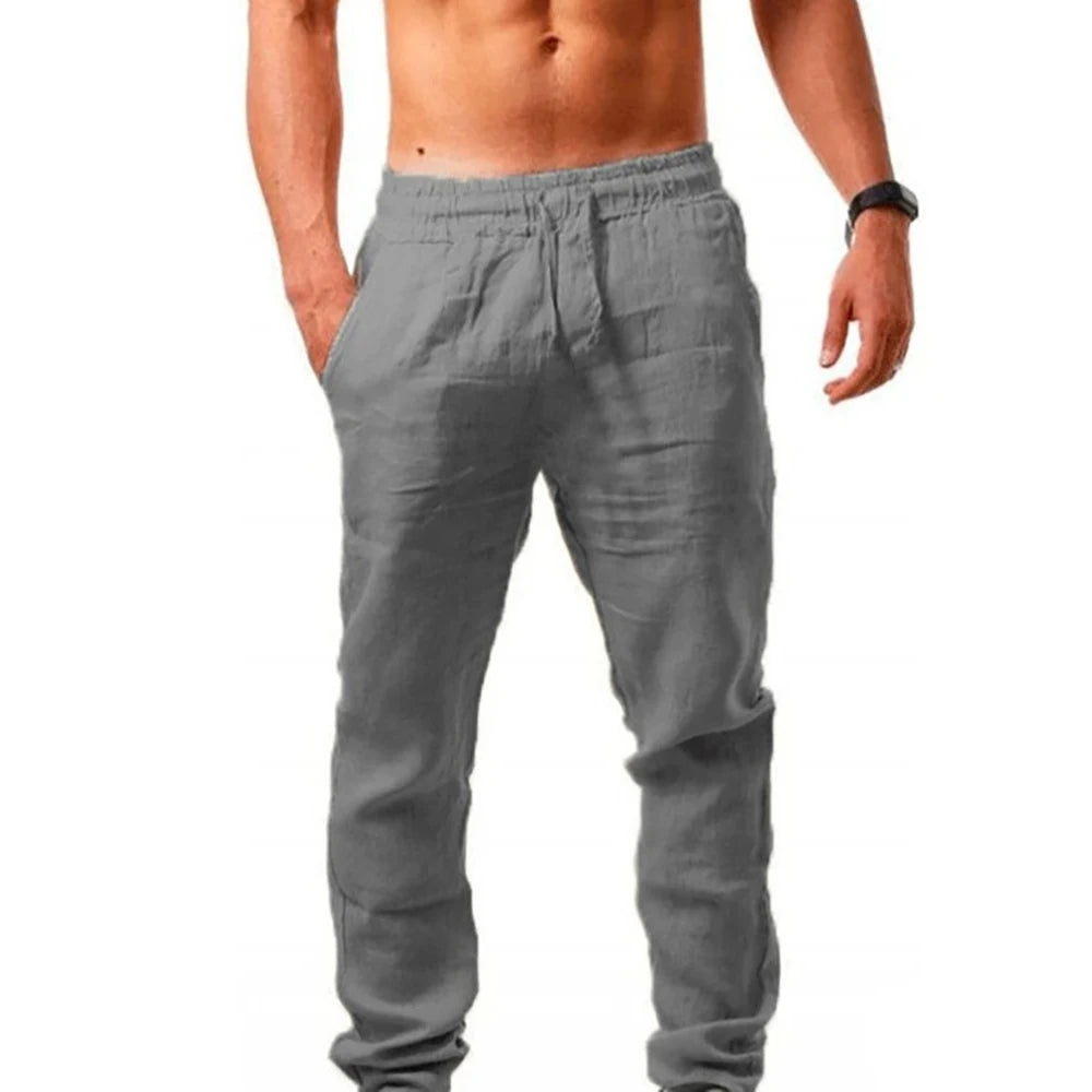 Calças Longas de Algodão e Linho para Homens - Calças Casuais de Verão, Respirável, Cintura Elástica
