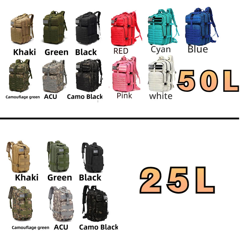 Mochilas Táticas de Nylon 1000D Impermeáveis - 25L/50L