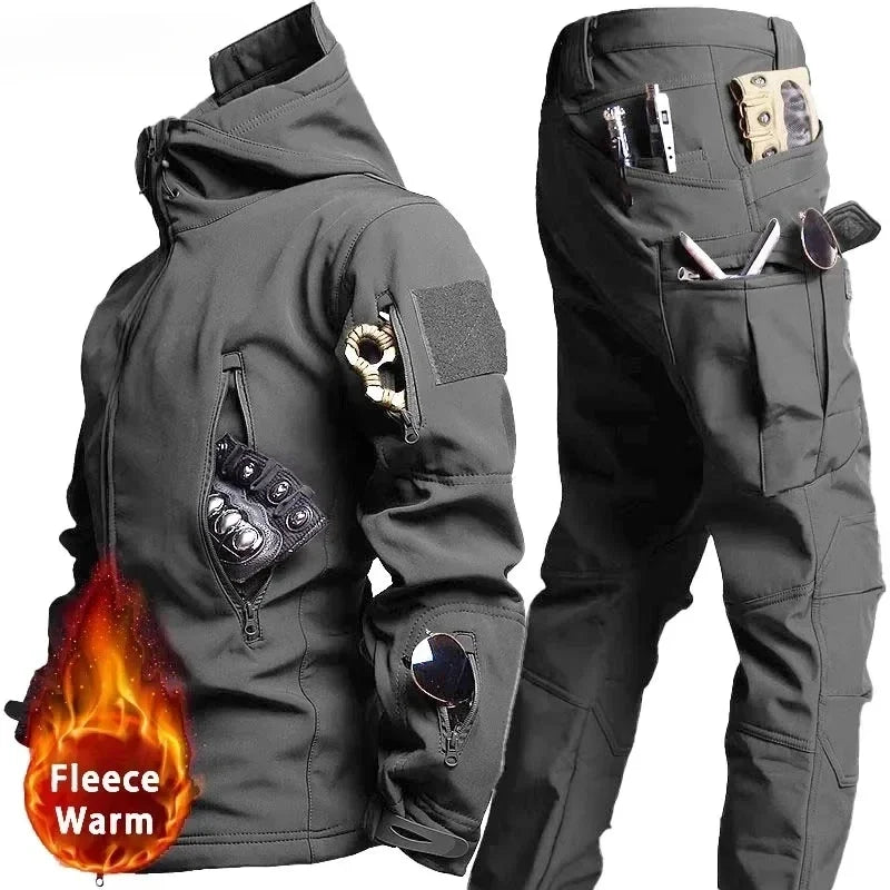 Conjunto Tático Impermeável Masculino - Camuflado, Casaco de Fleece, Traje de Combate de Inverno, Corta-Vento, Múltiplos Bolsos, Treinamento ao Ar Livre