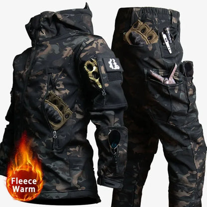 Conjunto Tático Impermeável Masculino - Camuflado, Casaco de Fleece, Traje de Combate de Inverno, Corta-Vento, Múltiplos Bolsos, Treinamento ao Ar Livre