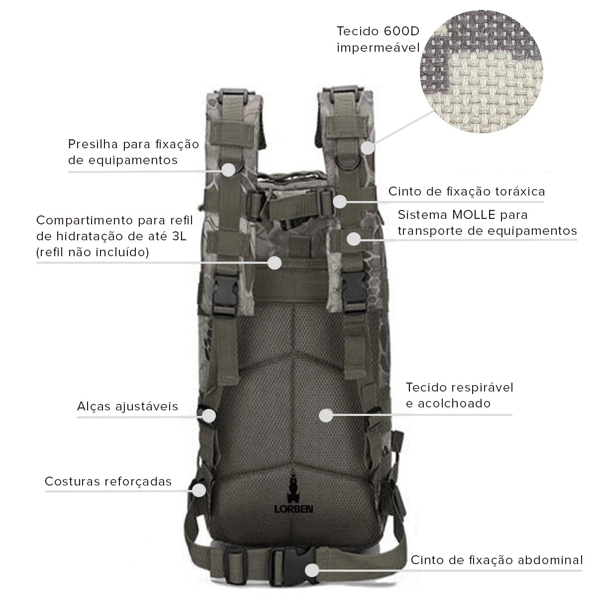Mochila Tática Multiuso Cargueira de 30 Litros - Camping, Pesca, Escolar - Camuflagem Verde Lorben