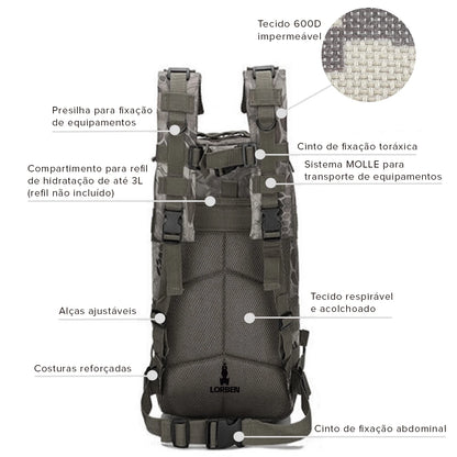 Mochila Tática Multiuso Cargueira de 30 Litros - Camping, Pesca, Escolar - Camuflagem Verde Lorben