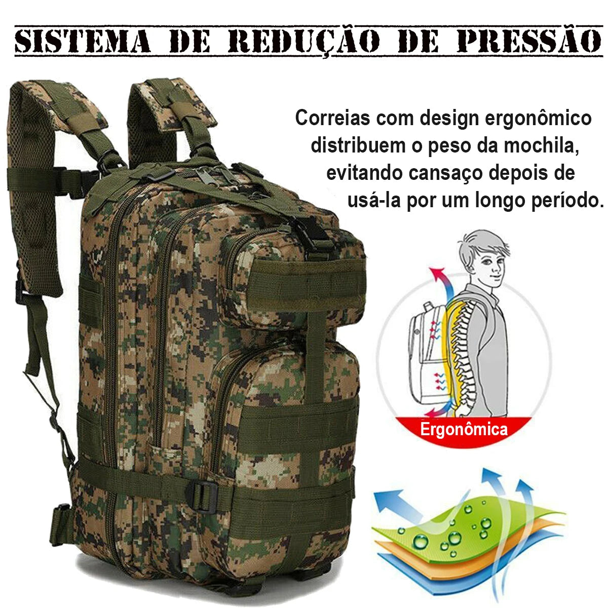 Mochila Tática Multiuso Cargueira de 30 Litros - Camping, Pesca, Escolar - Camuflagem Verde Lorben